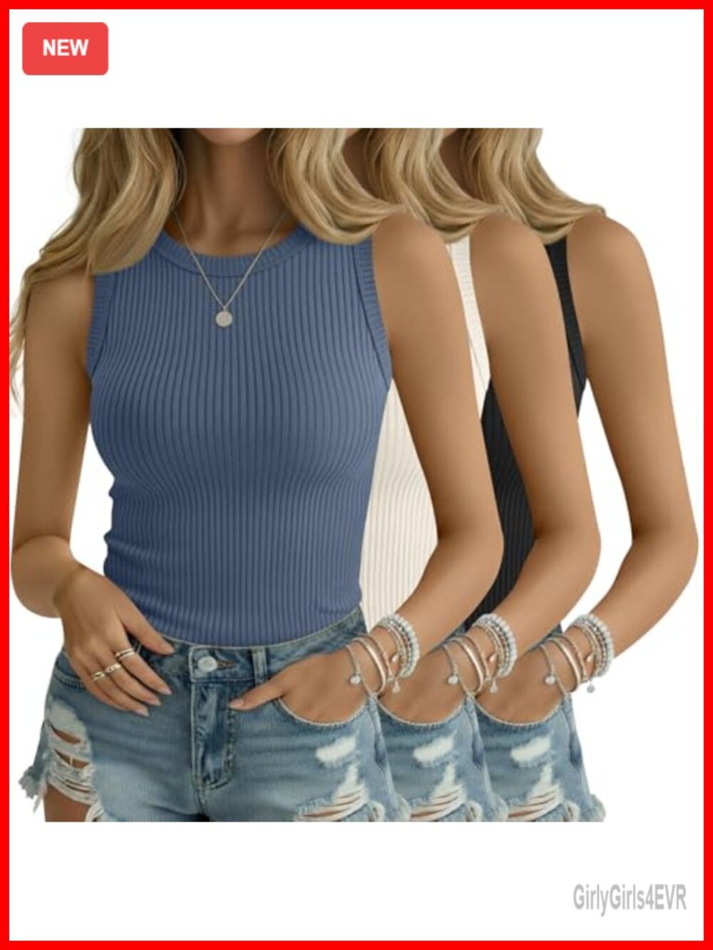 3 Pack Women's Cotton Ribbed Tank Tops Crew Neck Slim Fit Sleeveless
